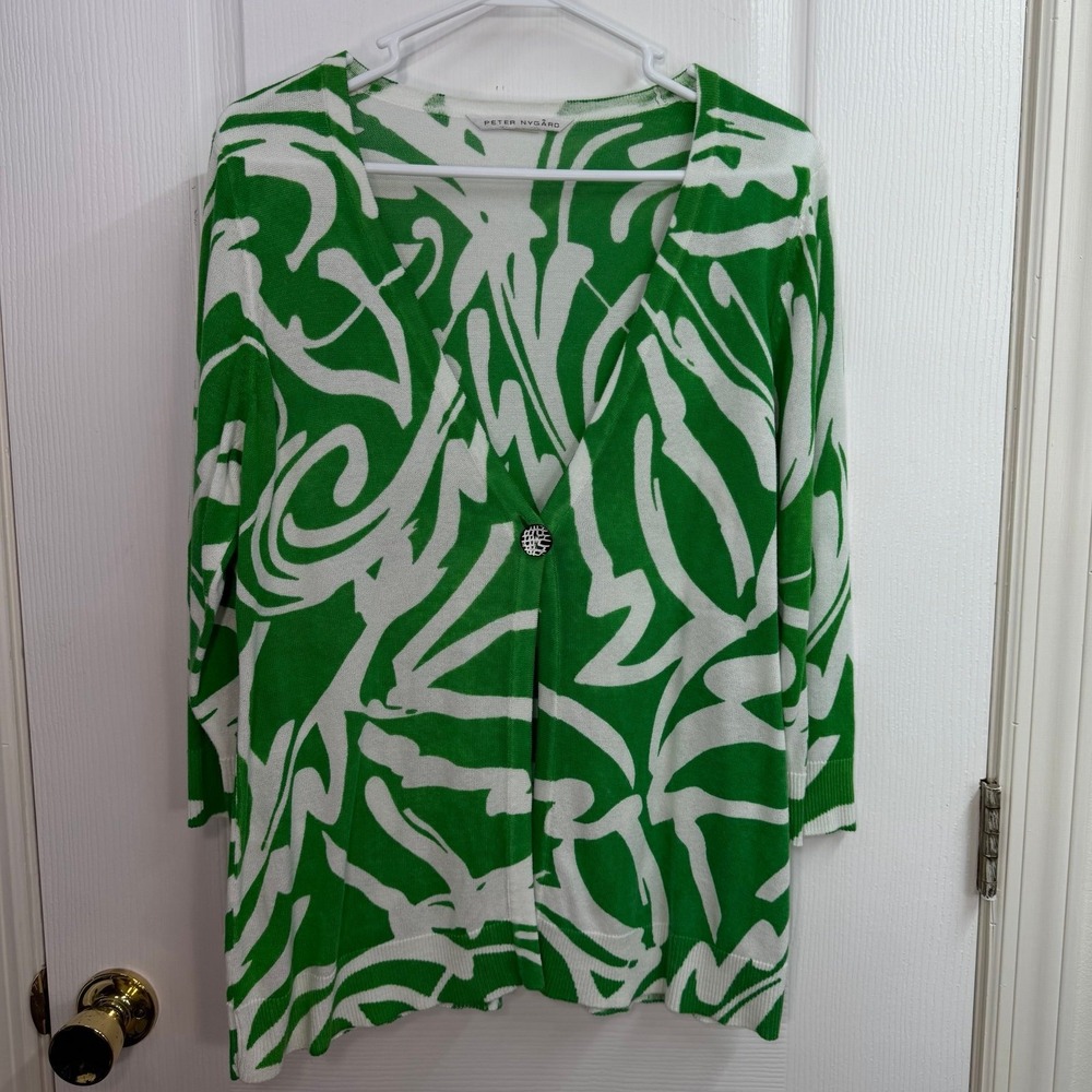 Peter Nygard green white abstract stretch single‎ button 3/4 sleeve cardigan XL